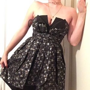 MODCLOTH strapless black, gold, silver mini dress
